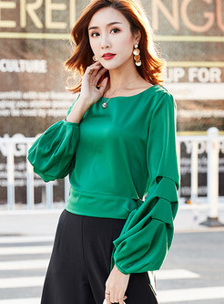 Solid Color Lantern Sleeve Belted Chiffon Top