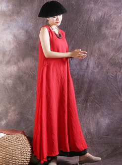 Red Sleeveless Double-layered Silk Maxi Dress