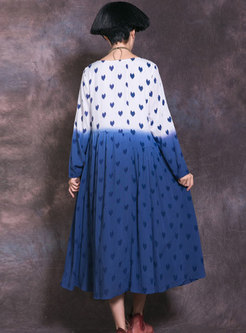 Elastic Waist Contrast-color Print Long Sleeve Dress