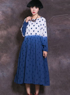 Elastic Waist Contrast-color Print Long Sleeve Dress