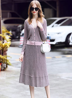 Trendy Striped V-neck Zip-up Knitted Top & High Waist Striped Skirt
