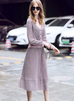 Trendy Striped V-neck Zip-up Knitted Top & High Waist Striped Skirt