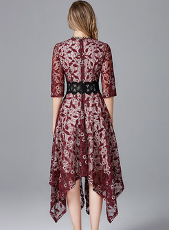 Half Sleeve Lace Splicing Slim Asymmetric Dress