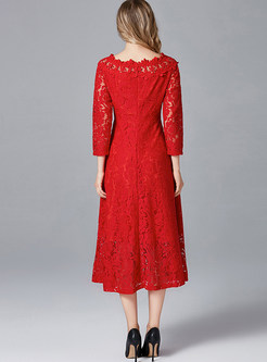 Red Elegant Slash Neck Lace Hollow Out A Line Dress
