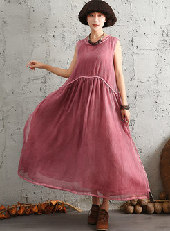 O-neck Monochrome Vintage Sleeveless Maxi Dress