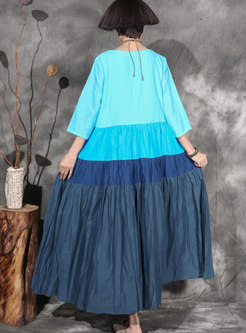 Ethnic Contrast-color Three Quarters Sleeve Dress