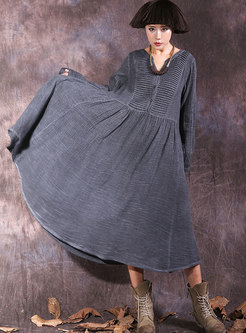 Vintage V-neck Single-breasted Cotton Dress