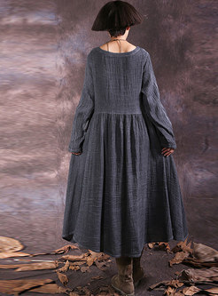 Vintage V-neck Single-breasted Cotton Dress