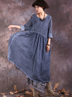 Vintage Long Sleeve Shift Shirred Maxi Dress