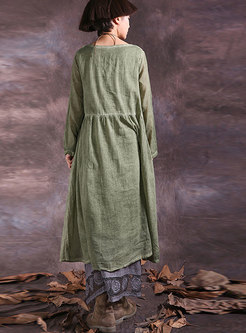 O-neck Cotton Vintage Pleated Shift Dress