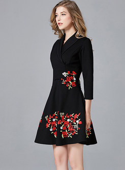 Notched Collar Embroidered High Waisted Short Dress