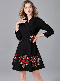 Notched Collar Embroidered High Waisted Short Dress