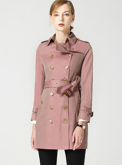 Fashion Notched Bowknot Belted Pocket Trench Coat