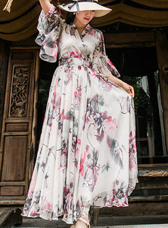 Vintage All Over Print Flare Sleeve Maxi Dress