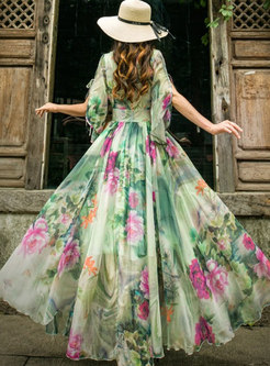 Boho Short Sleeve Floral Print Chiffon Maxi Dress