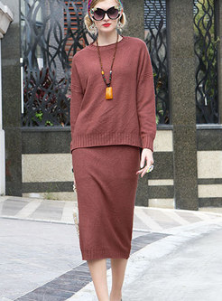 Casual O-neck Sheath Knitted Two-piece Outfits