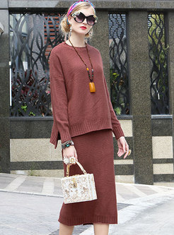 Casual O-neck Sheath Knitted Two-piece Outfits