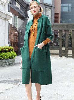 Fashion Short Sleeve Green Knitting Coat With Pockets