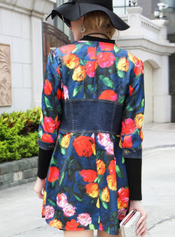 Chic All Over Print Single-breasted Denim Trench Coat