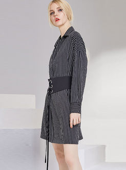 Brief Striped Lapel Belted A Line Dress