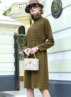 Pure Color Plus Size High Neck Wool Knitted Dress