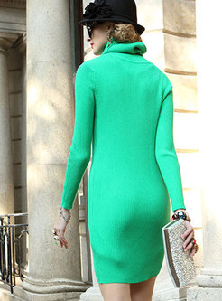 Trendy High Neck Monochrome Skinny Knitted Dress