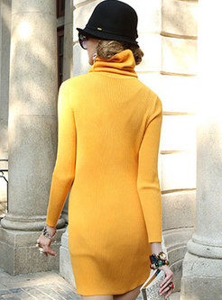 Yellow High Neck Sheath Knitted Dress