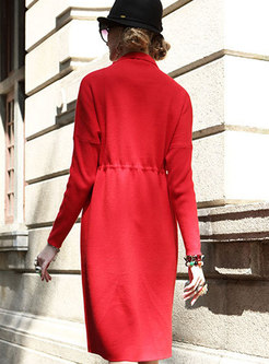 Brief Red Plus Size Knitted Dress With Drawstring