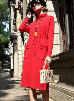 Brief Red Plus Size Knitted Dress With Drawstring