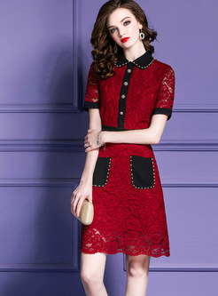 Red Lapel Hollow Out Pocket Beaded Lace Dress