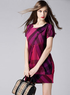Fashion Purple O-neck Cotton Plaid A Line Dress