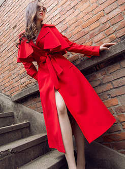 Red Turn-down Collar Single-breasted Straight Coat