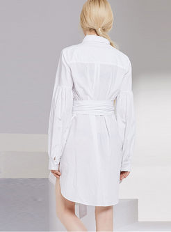 White Lantern Sleeve Belted A Line Dress
