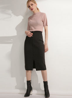Pure Color Tied Slit Sheath Skirt
