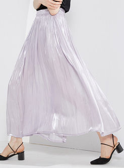 Solid Color Elastic Waist Slit Pleated Skirt
