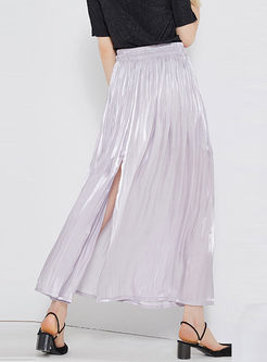 Solid Color Elastic Waist Slit Pleated Skirt