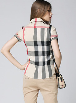 Turn Down Collar Single-breasted Plaid Blouse