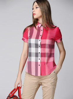 Turn Down Collar Single-breasted Plaid Blouse
