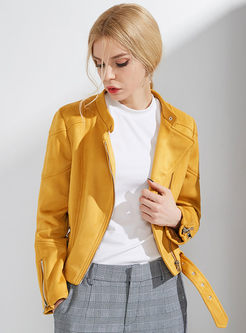 Trendy Pure Color Turn Down Collar Zippered Short Coat