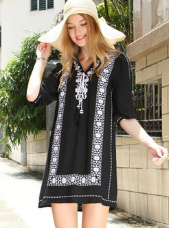 Ethnic V-neck Cross Front Embroidered Beach Dress