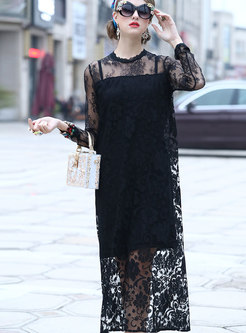 Black Sexy Lace-paneled Dress With Semi-sheer Detail
