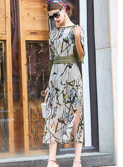 Fashion Elastic Waist Printed Chiffon Dress With Tanks