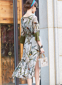 Fashion Elastic Waist Printed Chiffon Dress With Tanks