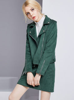 Chic Solid Color Notched Zippered Short Coat