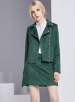 Chic Solid Color Notched Zippered Short Coat
