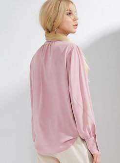 Solid Color Lantern Sleeve Tied Blouse