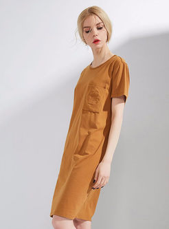 Solid Color Embroidered Belted T-shirt Dress