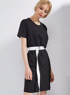 Solid Color Embroidered Belted T-shirt Dress