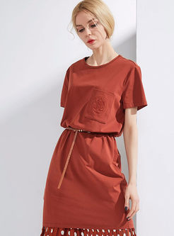 Pure Color Embroidered Belted A Line Dress
