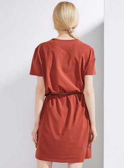 Pure Color Embroidered Belted A Line Dress